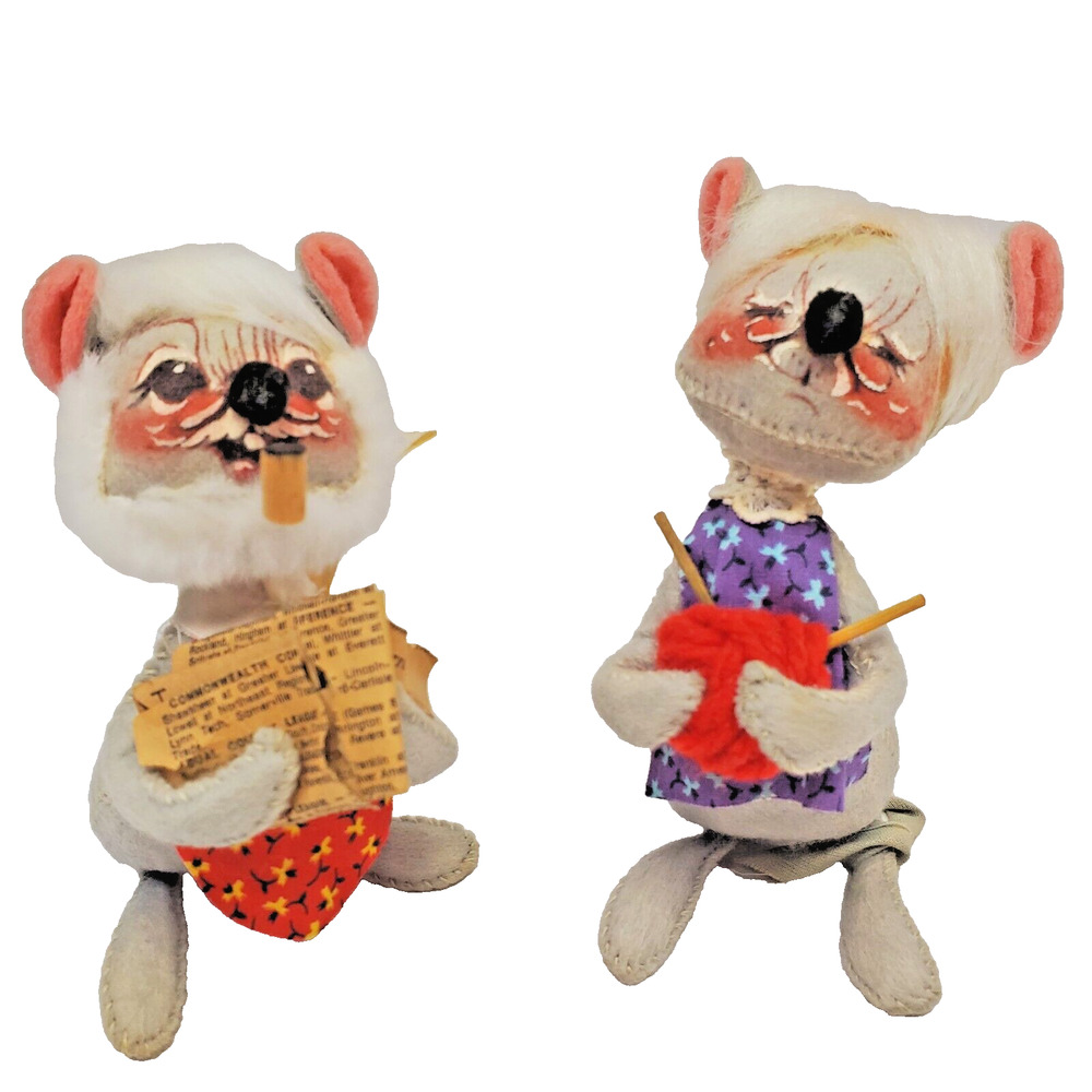 70s Annalee Dolls Mouse Pair Set Knitting Grandma Grandpa Mobilitee 1971 Vintage